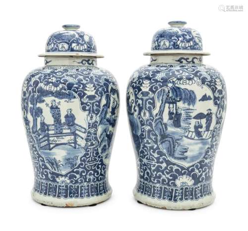 A Pair of Blue and White Porcelain Jars and Covers 