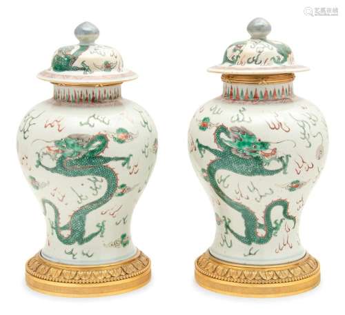 A Pair of Gilt Bronze Mounted Wucai Porcelain Baluster Jars ...