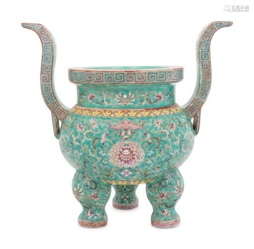 A Turquoise Ground Famille Rose Porcelain Incense Burner