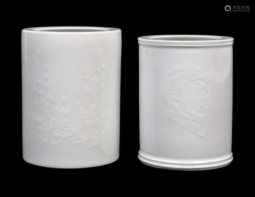 Two White Glazed Porcelain Brushpots, Bitong