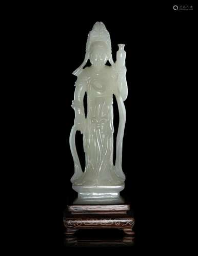 A Pale Celadon Jade Figure of Standing Guanyin