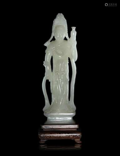 A Pale Celadon Jade Figure of Standing Guanyin