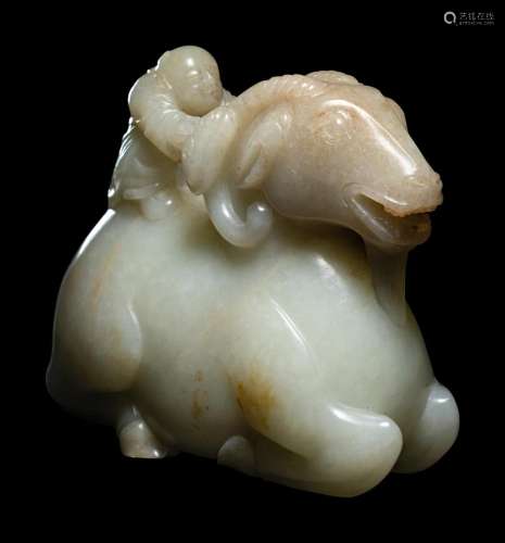 A Pale Celadon Jade 'Ram and Boy' Group