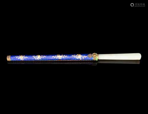 A Jade Handled Knife and Blue Enameled Metal Scabbard with G...