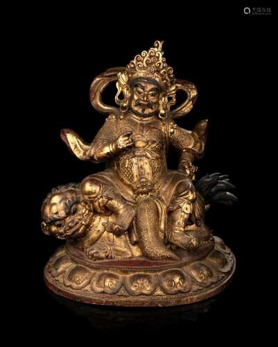 A Large and Rare Sino-Tibetan Gilt Lacquer Wood Figure of Va...