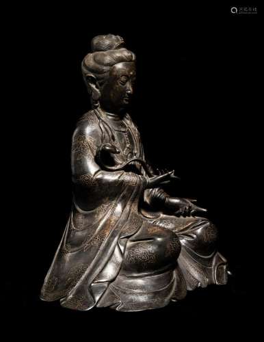 A Silver Wire Inlaid Bronze Figure of Guanyin