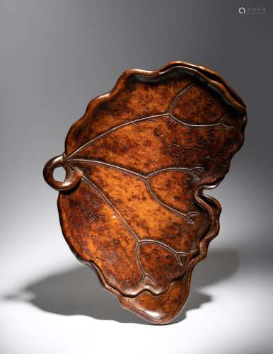 A Large Carved Burlwood 'Lotus Leaf' Tray