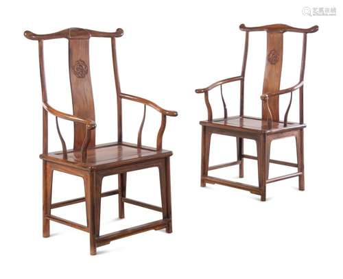 A Pair of Huali Wood Official's Hat Chairs, Sichutouguan...