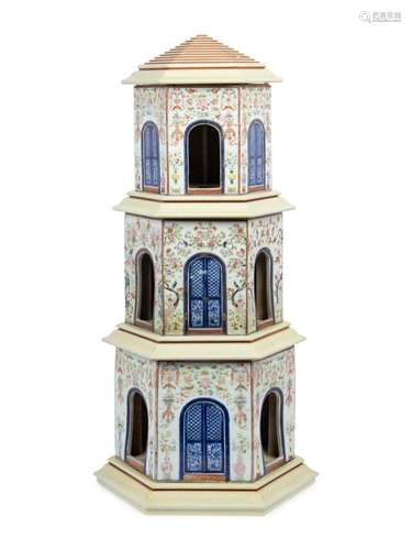 A Famille Rose Porcelain Three-Tier Pagoda