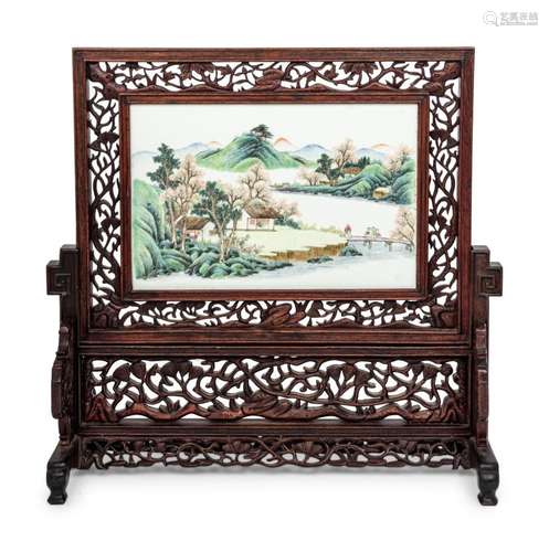 A Famlle Rose Porcelain Plaque Inset Rosewood Table Screen