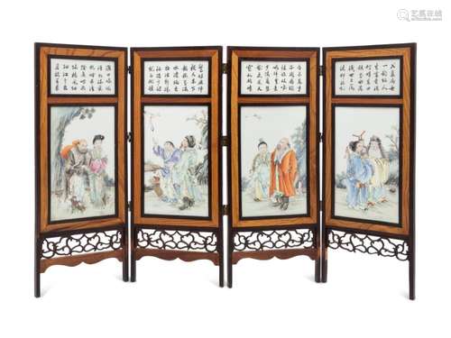 A Famille Rose Porcelain Inset Hardwood Four-Panel 'Eigh...