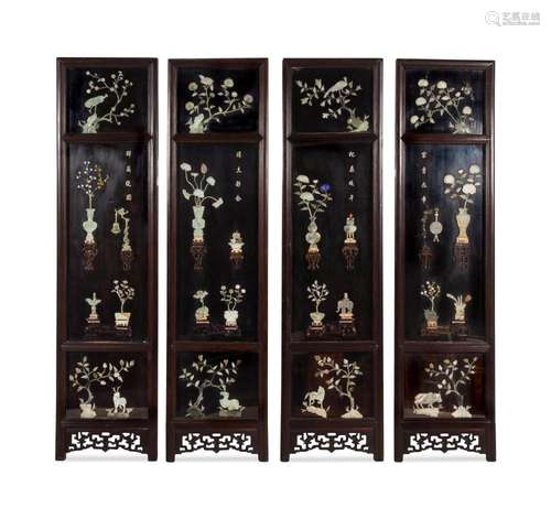 A Set of Four Hardstone Embellished Black Lacquered Wood Pan...