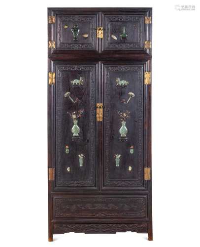 A Jade and Hardstone Inset Hardwood Compound Cabinet, Dingxi...