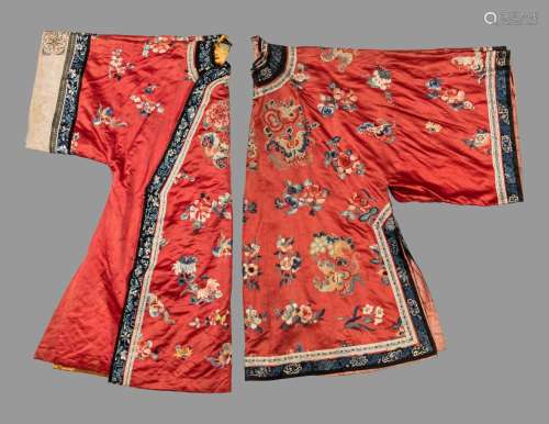 Two Red Ground Embroidered Silk Lady's Robes