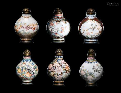 A Set of Six Peking Enamel on Copper Snuff Bottles