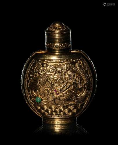 A Jadeite and Ruby Inlaid 22K Yellow Gold Snuff Bottle