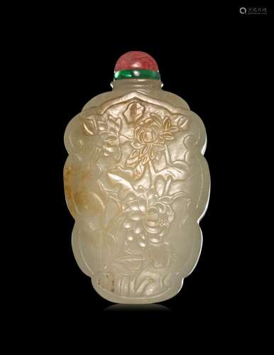 A Carved Celadon and Russet Flori-Form Snuff Bottle