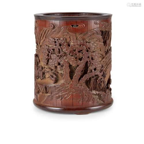 CARVED BAMBOO 'HUNTING' BRUSH POT