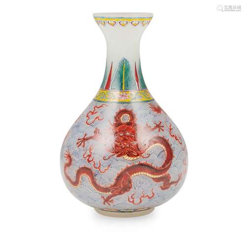 ENAMELED GLASS 'DRAGON' BOTTLE VASE QIANLONG MARK BUT LATER