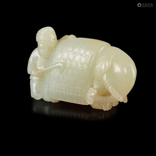 PALE CELADON JADE CARVING OF A BARBARIAN AND ELEPHANT QING D...