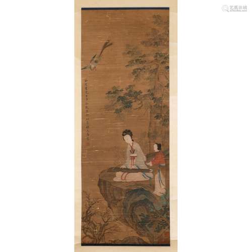 INK SCROLL PAINTING OF LADY PLAYING QIN ATTRIBUTED TO LENG M...