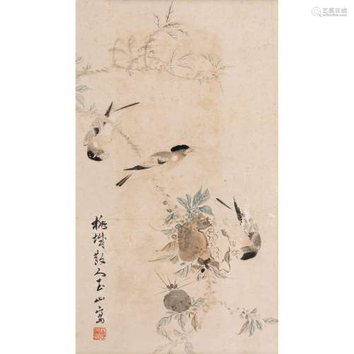 LIN YUSHAN (1907-2004) INK PAINTING WITH BIRDS AND POMEGRANA...