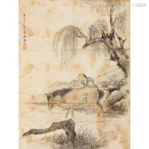 JIN CHENG (1878-1926) INK PAINTING OF HORSE SHOWERING, DATED...