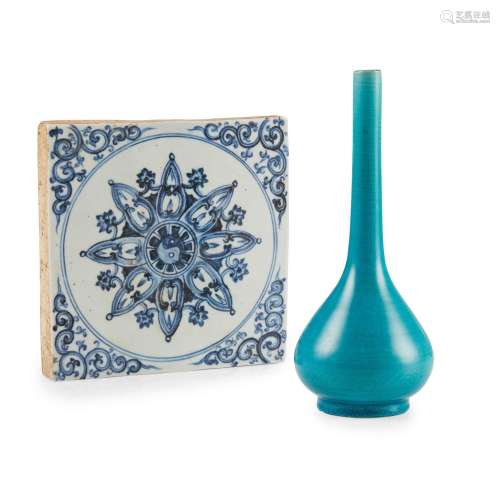 A MING-STYLE BLUE AND WHITE TILE AND A TURQUOISE-GLAZED BOTT...