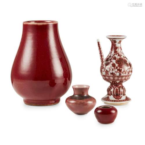 GROUP OF FOUR RED-GLAZED PORCELAIN WARES