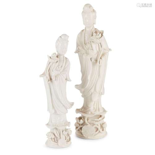 TWO BLANC-DE-CHINE STANDING FIGURES OF GUANYIN 20TH CENTURY