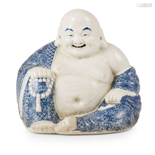 BLUE AND WHITE SEATED BUDAI MONK LATE QING TO REPUBLIC PERIO...