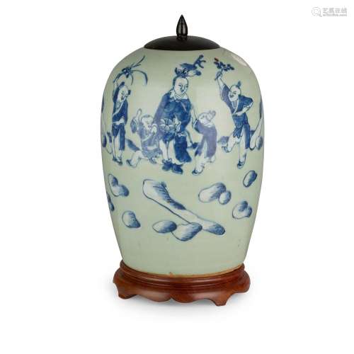 CELADON-GROUND BLUE AND WHITE DECORATED JAR QING DYNASTY, 19...