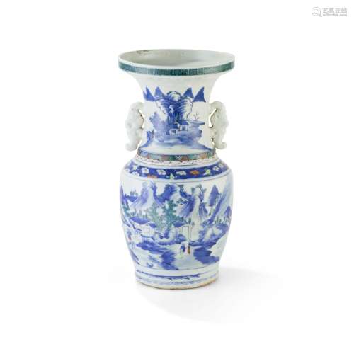 BLUE AND WHITE WITH FAMILLE ROSE HANDLED VASE QING DYNASTY, ...