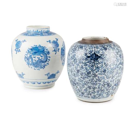 TWO BLUE AND WHITE GINGER JARS QING DYNASTY AND 20TH CENTURY
