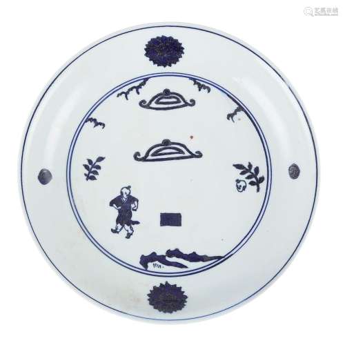 BLUE AND WHITE PLATE WANLI MARK BUT QING DYNASTY