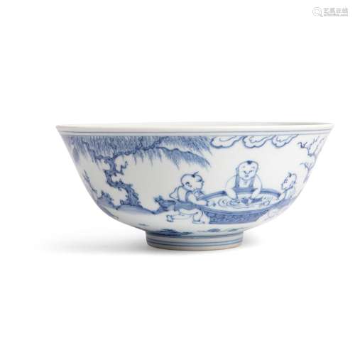 BLUE AND WHITE 'BOYS AT PLAY' BOWL CHENGHUA MARK BUT 20TH CE...