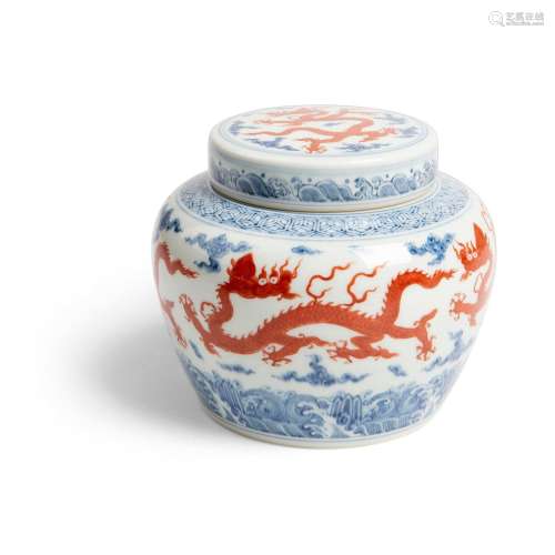 BLUE AND WHITE WITH IRON-RED 'DRAGON' LIDDED JAR CHENGHUA MA...