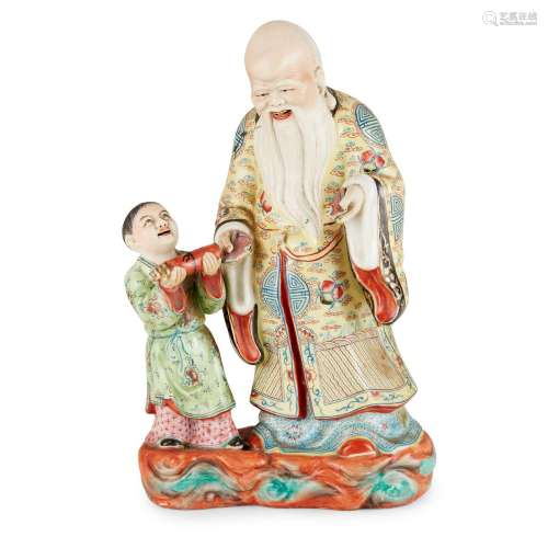FAMILLE ROSE SHOULAO AND BOY FIGURAL GROUP 20TH CENTURY