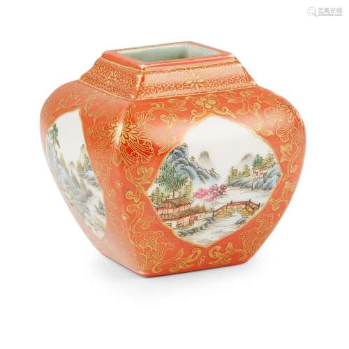GILT-DECORATED CORAL-RED-GLAZED GROUND FAMILLE ROSE WATER PO...