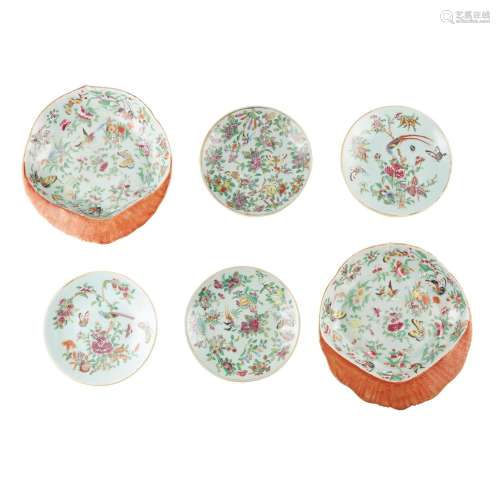 GROUP OF SIX FAMILLE ROSE CELADON-GROUND PLATES QING DYNASTY...