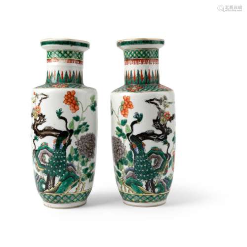 PAIR OF FAMILLE VERTE 'PEACOCK AND PEONY' VASES QING DYNASTY...