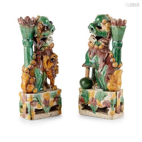 PAIR OF SANCAI-GLAZED JOSS STICK HOLDERS QING DYNASTY, 18TH-...