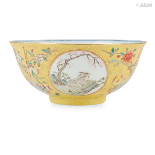 FAMILLE ROSE YELLOW-GROUND SGRAFFIATO 'GOAT' BOWL GUANGXU MA...