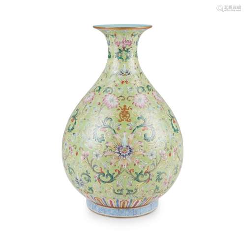 LIME-GREEN-GROUND FAMILLE ROSE VASE QING DYNASTY, JIAQING MA...