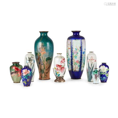 GROUP OF NINE CLOISONNÉ ENAMEL VASES MEIJI / TAISHO PERIOD