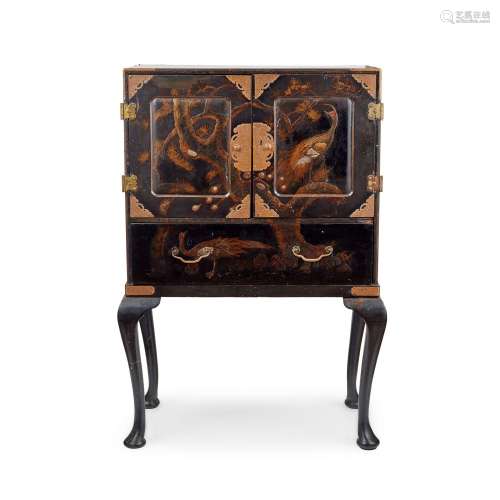 JAPANESE BLACK AND GILT LACQUER CABINET ON STAND