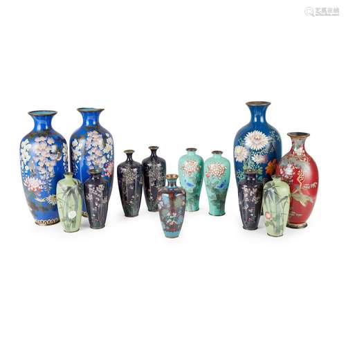 GROUP OF THIRTEEN CLOISONNÉ ENAMEL VASES MEIJI / TAISHO PERI...