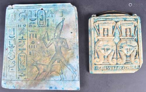 TWO EGYPTIAN REVIVAL BLUE FAIENCE PANELS