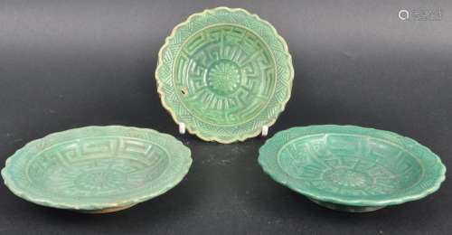 THREE 19TH CENTURY CHINESE CELADON GREEN PLATES