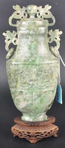 19TH CENTURY CHINESE HAND CARVED JADE LIDDED URN